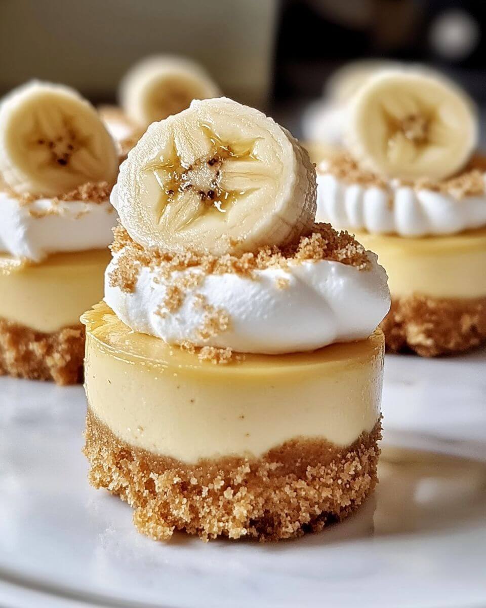 Mini banana pudding cheesecakes topped with whipped cream, banana slices, and vanilla wafers, served in cupcake liners.
