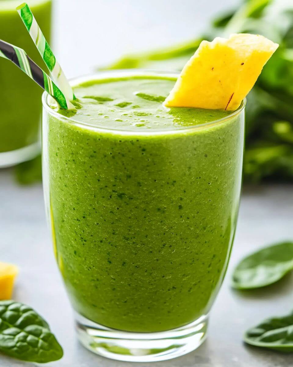 A glass of vibrant green spinach smoothie with a reusable straw, surrounded by fresh spinach leaves, banana slices, and a bowl of Greek yogurt on a rustic kitchen counter.