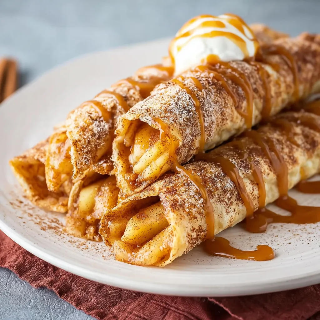 Apfelkuchen-Taquitos aus der Fritteuse. Knuspriges Dessert mit Zimt und Zucker.