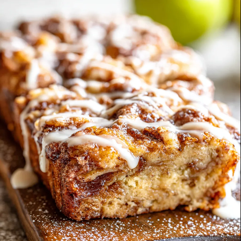 Nahaufnahme des warmen, köstlichen Country Apple Fritter Bread. Perfekt zum Backen im Herbst!