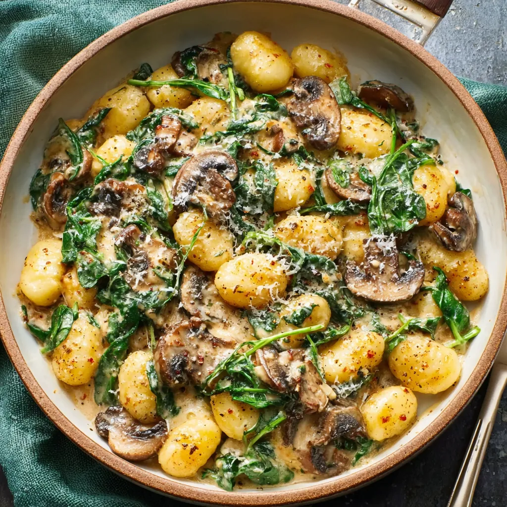 Cremige Spinat-Champignon-Gnocchi in einer weißen Schüssel.