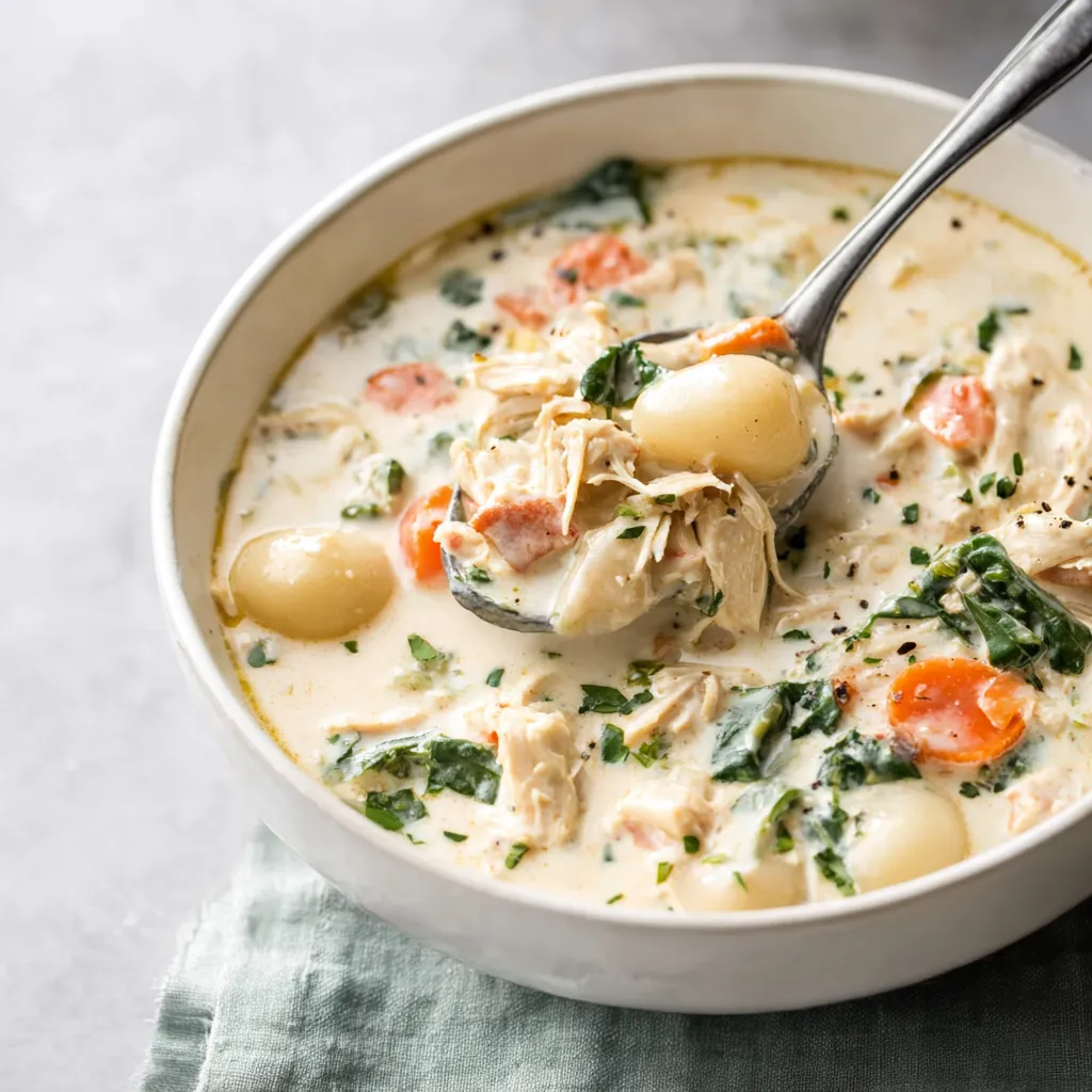Cremige Hühner-Gnocchi-Suppe aus dem Kochtopf, fertig zum Servieren. Wohlfühlessen!