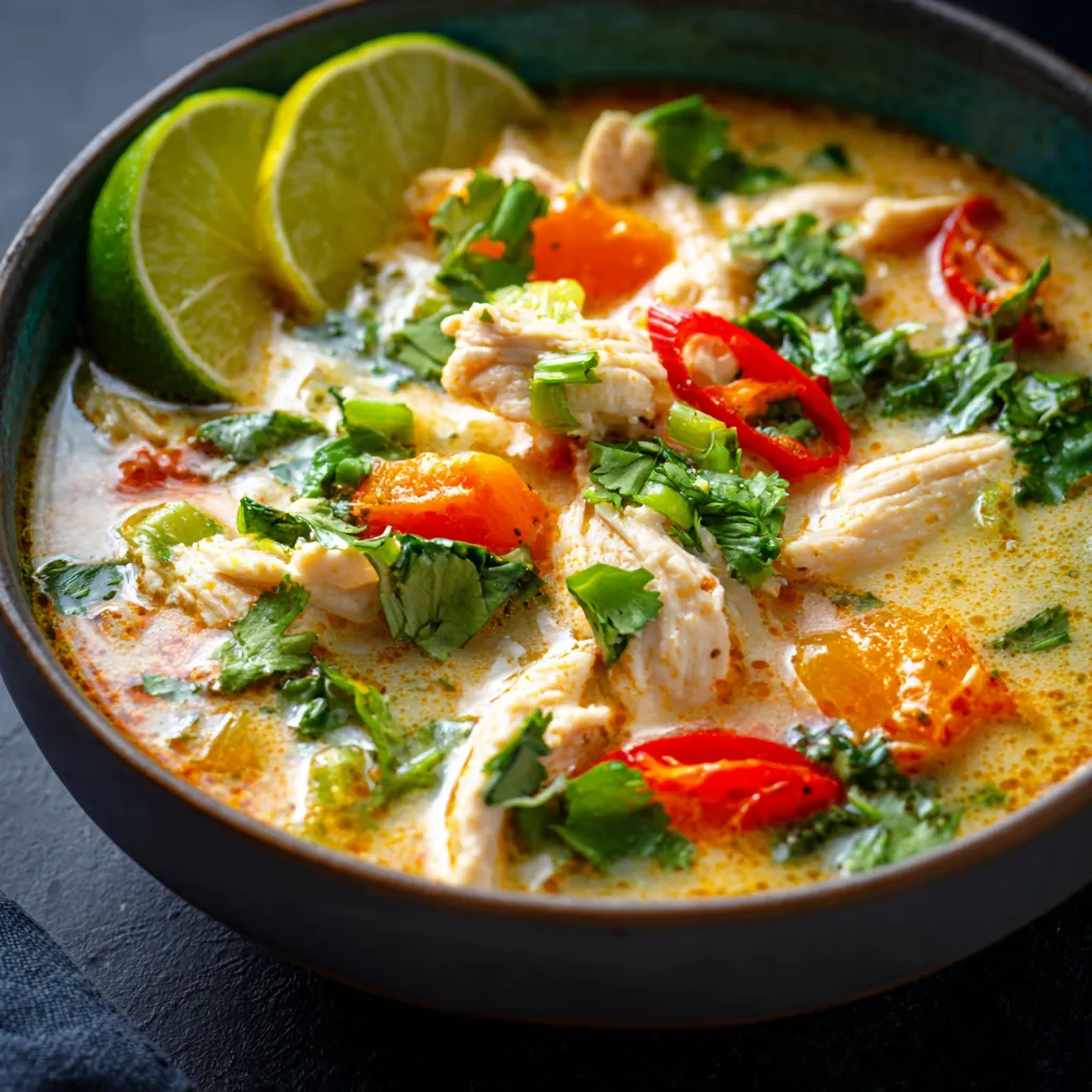Eine cremige Thai-Hühnersuppe in einer Schüssel. Ein einfaches, schmackhaftes Rezept für ein Abendessen unter der Woche.