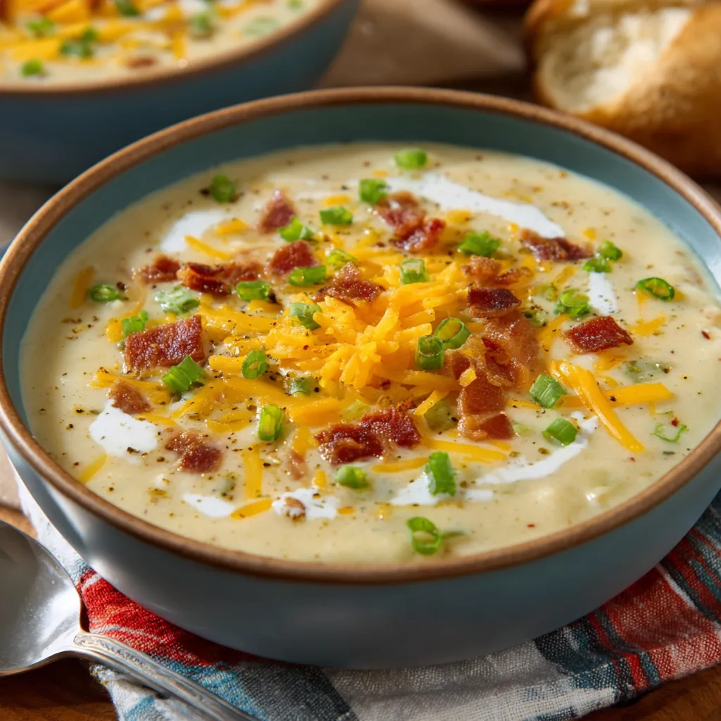 Cremige Bratkartoffelsuppe in einer Schüssel, garniert mit Schnittlauch und Speck.