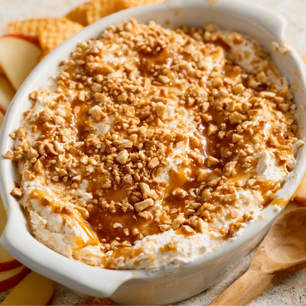 Frischkäse-Karamell-Apfel-Dip mit Toffee-Stückchen, fertig zum Verzehr.
