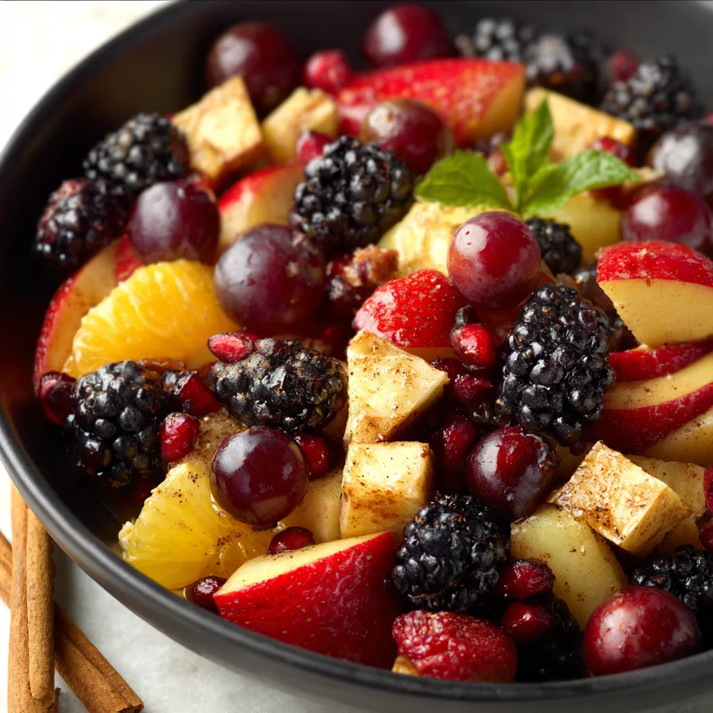 Herbstobstsalat mit Äpfeln, Birnen, Weintrauben und Preiselbeeren.